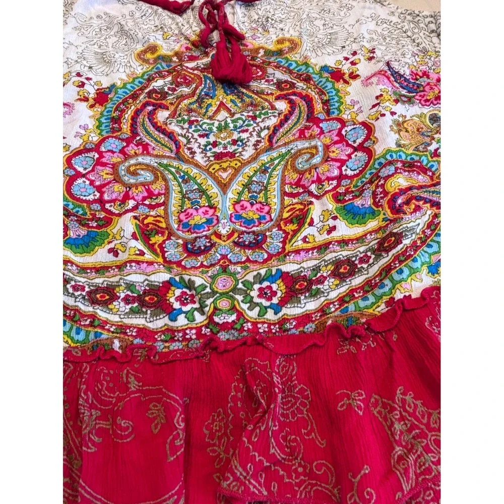 Bila Womens Large Boho Paisley Sleeveless Tassel Tie Neck Ruffle Hem Rayon Top